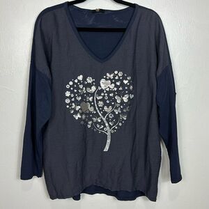 NT By Amati Mixed Media Foil Heart Long Sleeve V-neck Top In Navy One Size